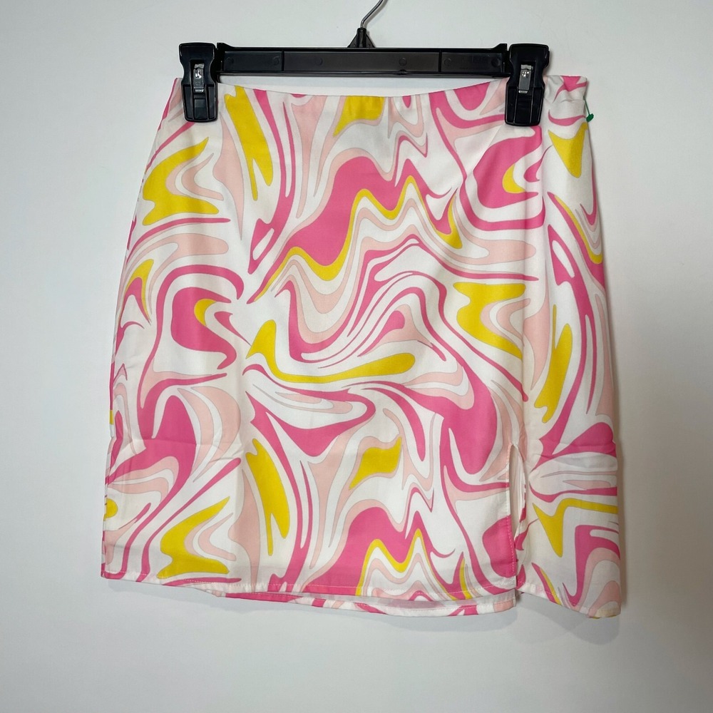 FORE Womens Groovy Print Mini Y2K Barbiecore Skirt Pink M Lined Size‎ Zip